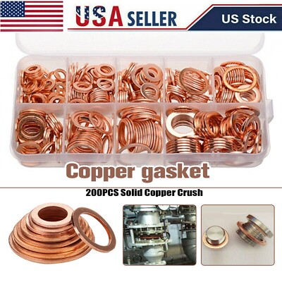 200 Pcs/Kit Solid Copper Crush Washers Gasket Set Flat O-Ring Seal Assortment US
