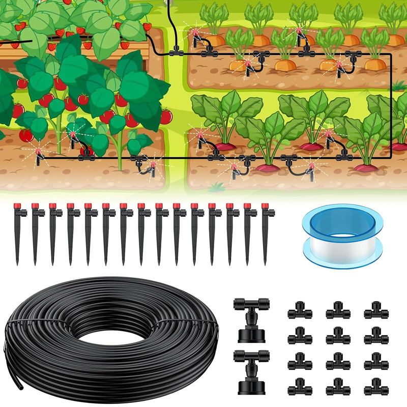 Drip Irrigation Kit 50Ft Tubing Garden Watering System 1/4" Emitters Greenhouse