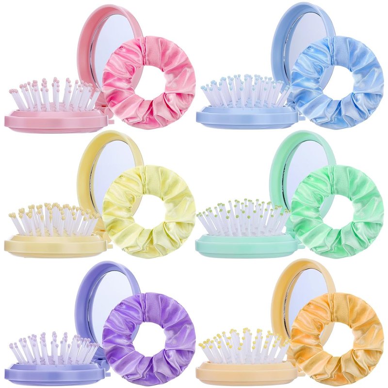 Meanplan 12 Pcs Mini Hair Brush with Mirror and Scrunchies, Pastel