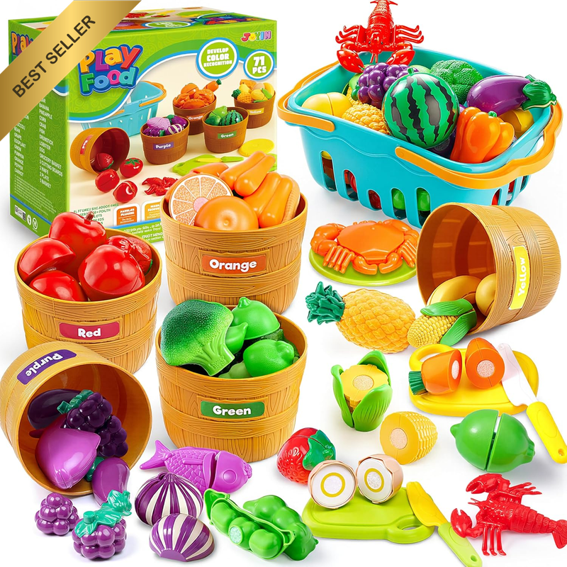 69-Piece Montessori Cutting Play Food Set with Shopping Basket for Toddlers 3-5