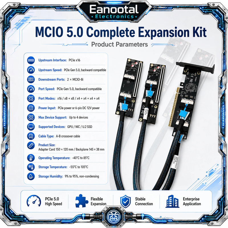 PCIe Gen5 x16 to MCIO 8i Adapter Kit Dual PCIe x16 Backplane Board 500mm Cable f
