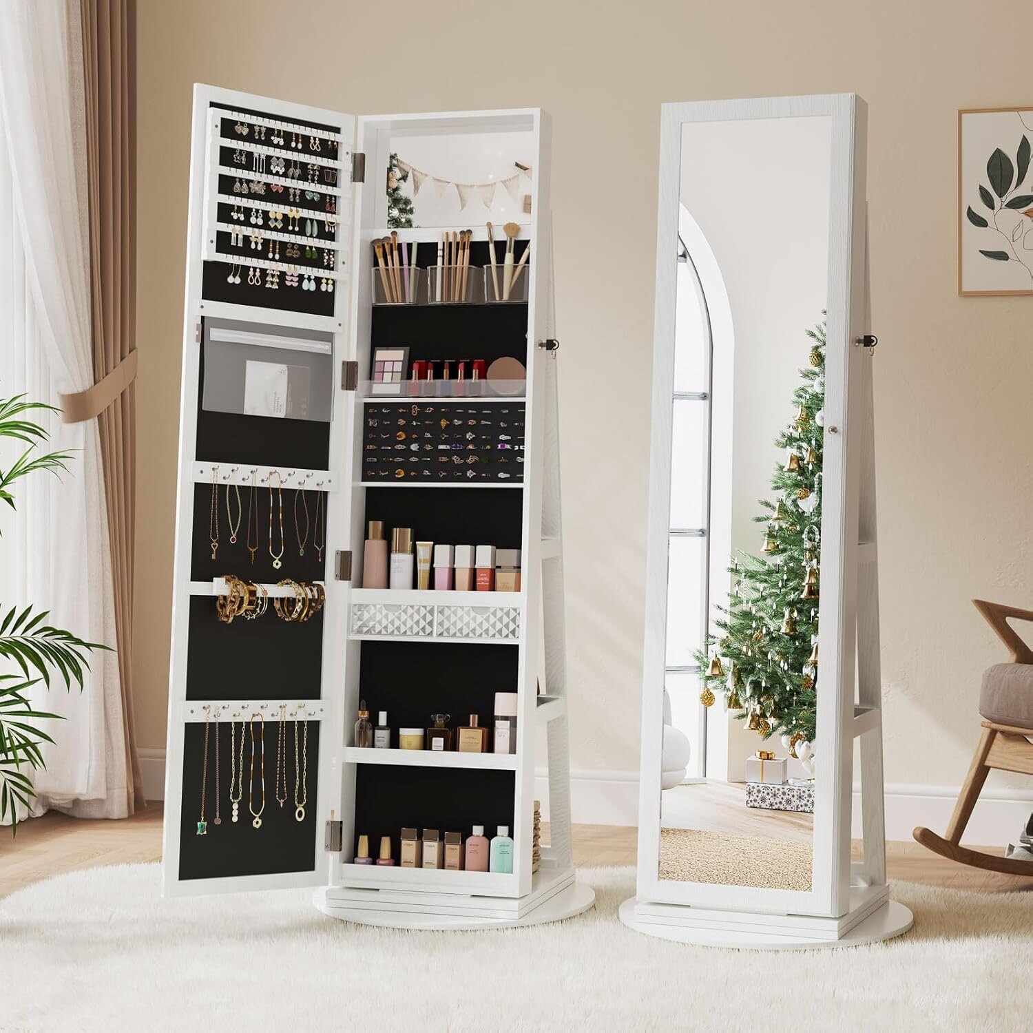 360° Swivel Jewelry Storage Cabinet Mirror, 3 in 1 Lockable Jewellery Armoire