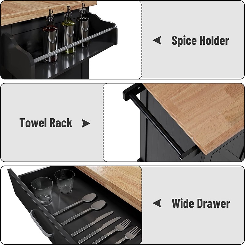 Drop-Leaf Kitchen Island Trolley Cart Wood Storage Cabinet with Spice Towel Rack