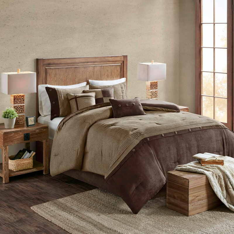 Boone Cozy Comforter Set, Faux Suede, Deluxe Hotel Styling All Season down Alternative Bedding Matching Shams, Decorative Pillow, Queen (90 in X 90 In), Rustic Brown 7 Piece
