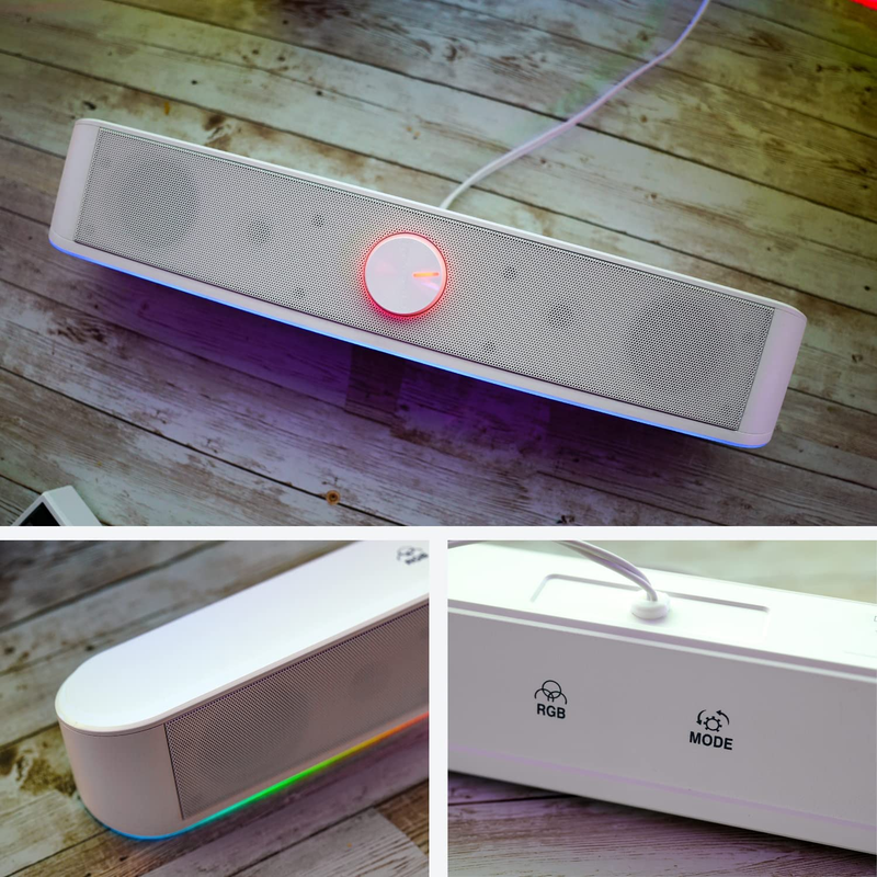 Computer Soundbar for Desktop - USB Powered RGB Gaming Soundbar for PC - White