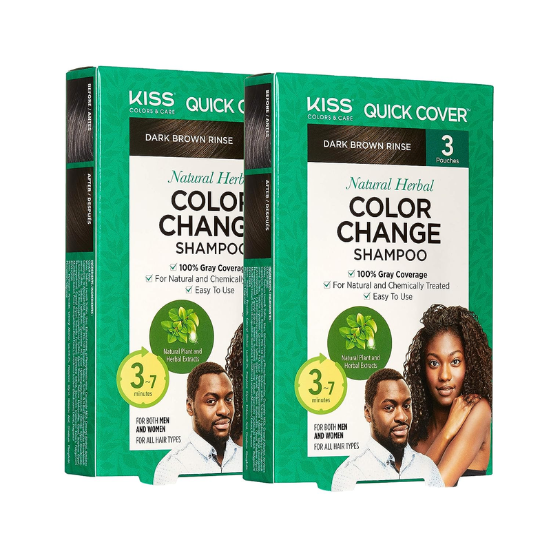 KISS Quick Cover Natural Herbal Color Change Shampoo 3 Pouches (2 PACK, Dark Bro