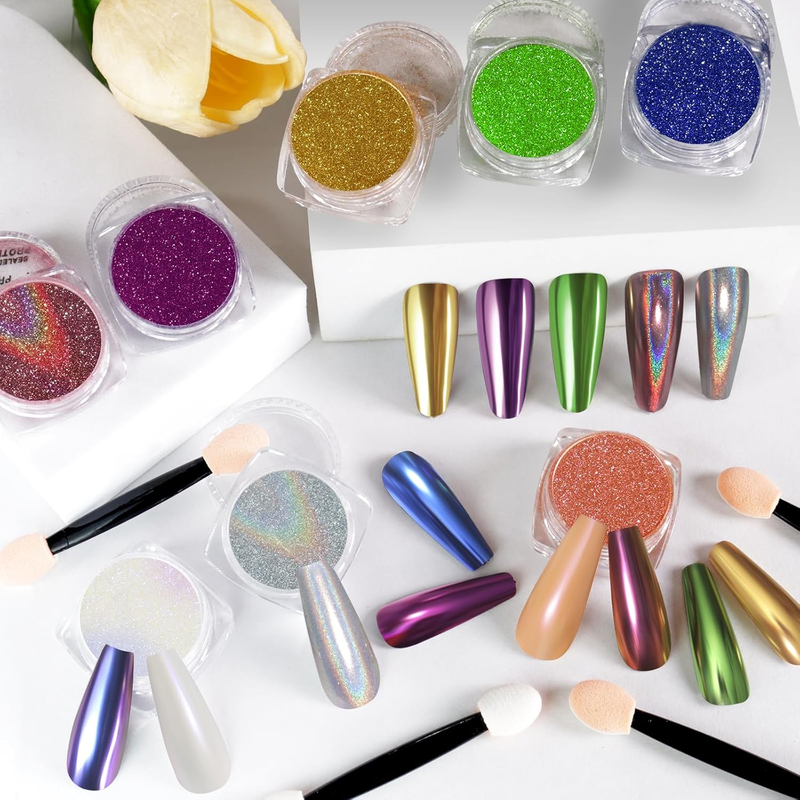 16 Jars Chrome Nail Powder Nail Art Glitter Decoration Metallic Mirror Effect Ho