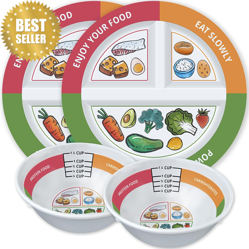 4 Pcs Portion Control Plates & Bowls Set (9 Inch), Self-Measuring for Weight Los