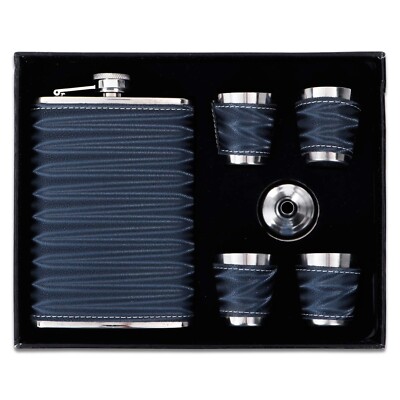 Stainless Steel/Faux Leather Hip Flask With 2 Shot Glasses & Funnel  9 Oz 266 ML