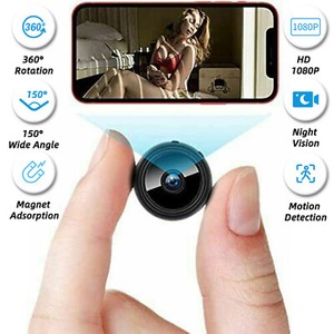 Mini camera with features displayed on phone screen.