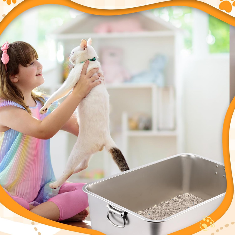 3 Set Stainless Steel Cat Litter Box with Handle and Cat Litter Scooper, (23.6"