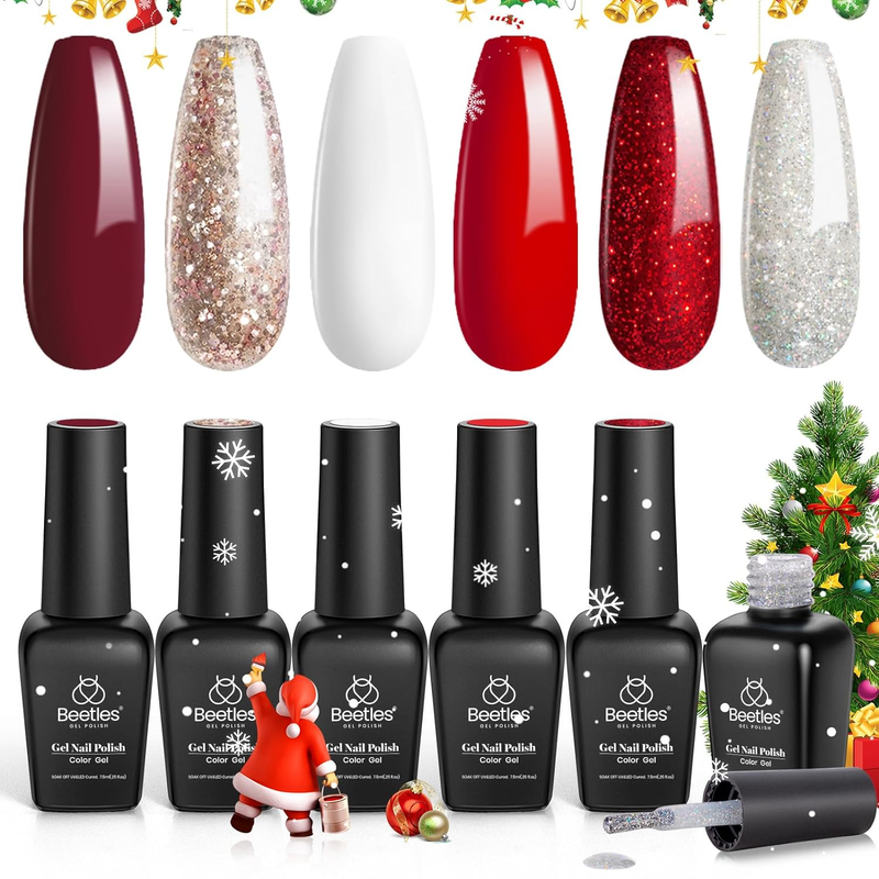 Beetles Candy Cane Gel Nail Polish Christmas Gift Set, 6Pcs Gel Polish Glitter B