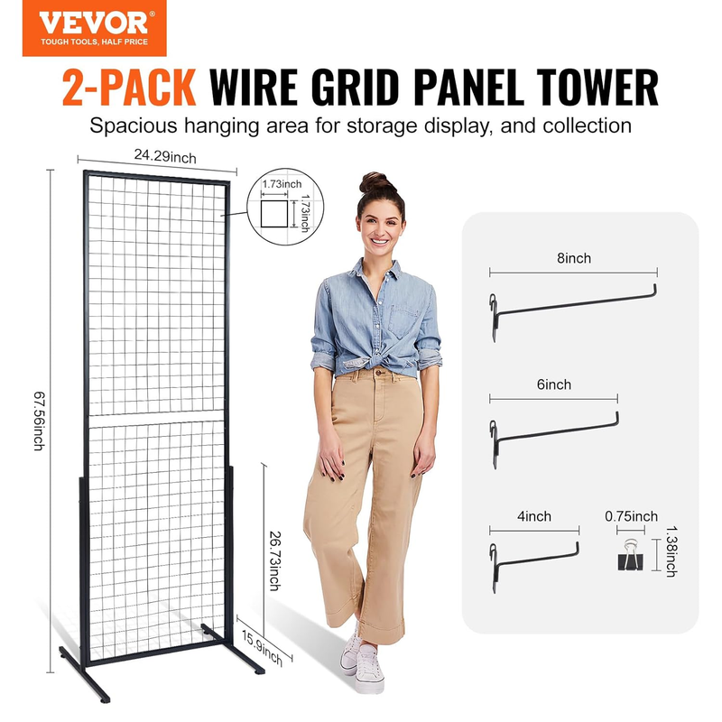 2' x 5.6' Grid Wall Panels Tower, 2 Packs Wire Gridwall Display Racks with T-Bas