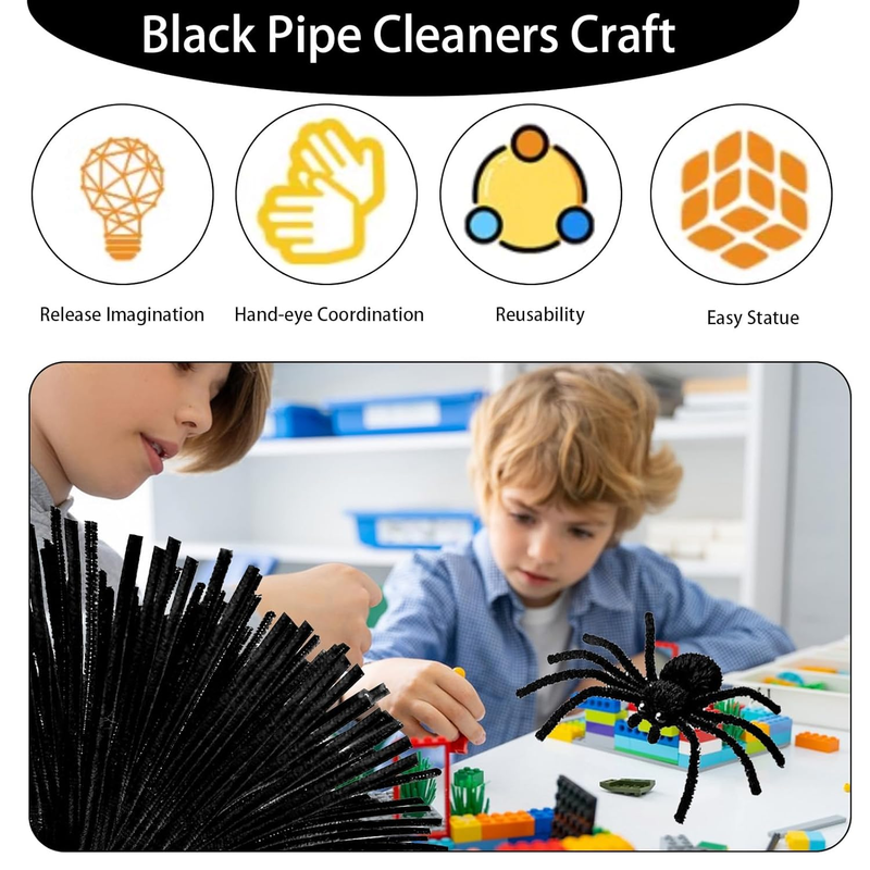 100 Pieces Black Chenille Pipe Cleaners Bulk Fuzzy Stems, Pipe Cleaners Flower f