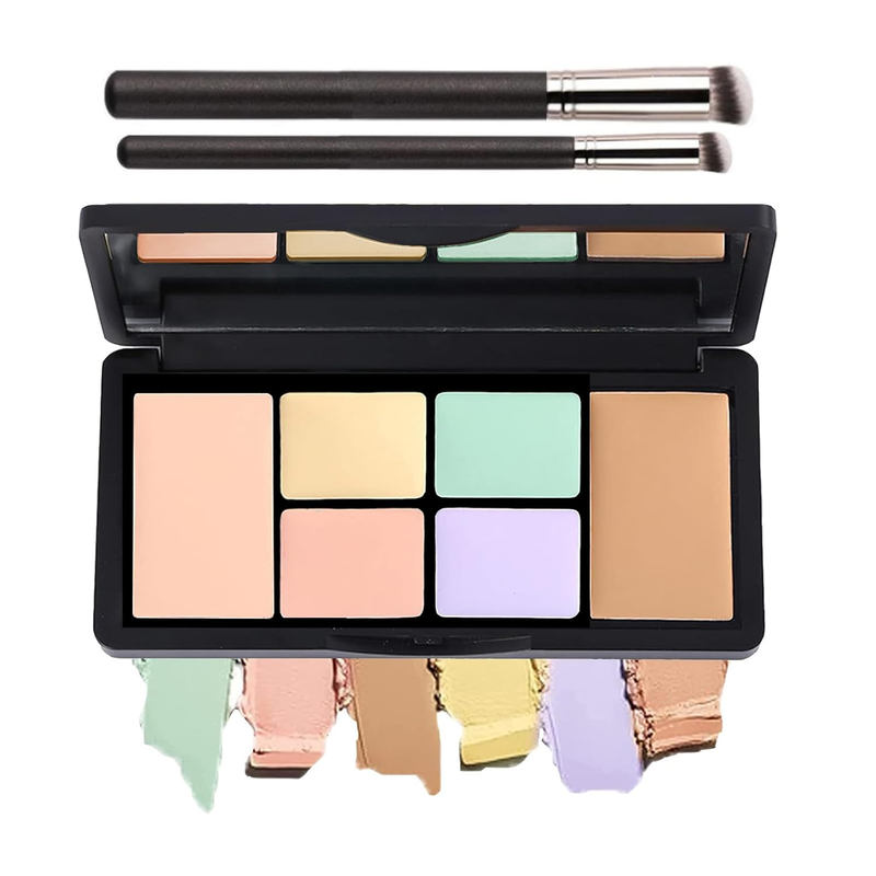 6 Colors Correcting Concealer Palette, 6 in 1 Contour Palette with 2 Packs Brush, Makeup Palette Contouring Foundation Color Corrector Palette, Color Corrector for Dark Circles, Blemish, Acne