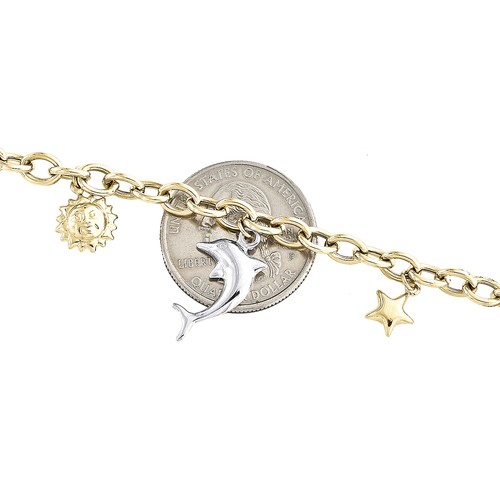 Pre-owned Jfl Diamonds & Timepieces 14k Two Tone Gold Rolo Link Dolphin Heart Sun Anchor Charm 5mm Bracelet 7.50"