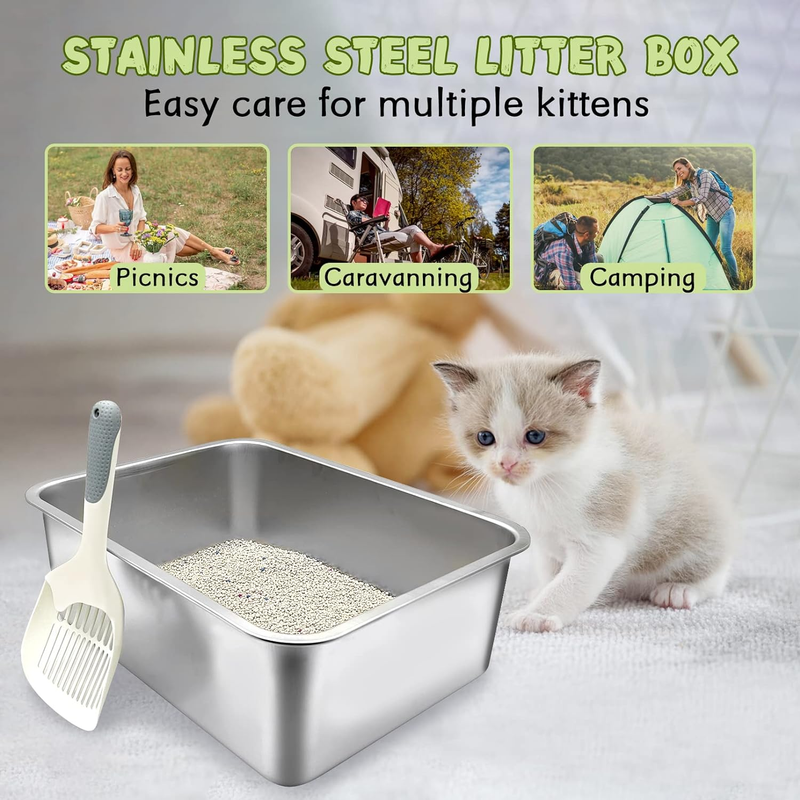 Stainless Steel Litter Box Smooth Litter Pan for Cats and Rabbits Metal Cat Litt