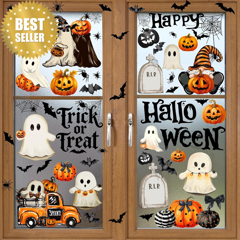 Halloween Window Clings, Double-Sided Reusable Ghost Decals | Vintage Ghost Pump