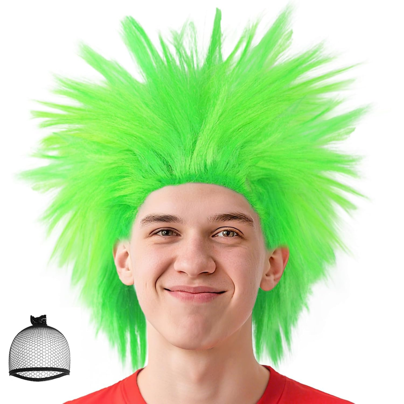 Grün Spiky Perücke 【+Haarkappe】 Verrückte Kurze Perücke Für