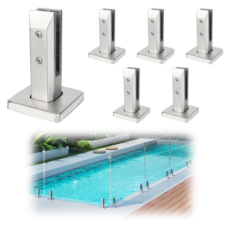 6 Pack 2.1Lb T304 Stainless Steel Glass Railing Spigot Heavy-Duty Brushed Finish Clamp Post Glass Railing System, No-Drill Design for Pool, Deck, Stair, Balcony (Net Weight 2.1Lb) - Level 2