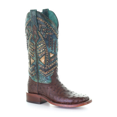 Pre-owned Corral Boots Corral Womens Vaquero Stud Cowboy Boots Ostrich Brown/turquoise