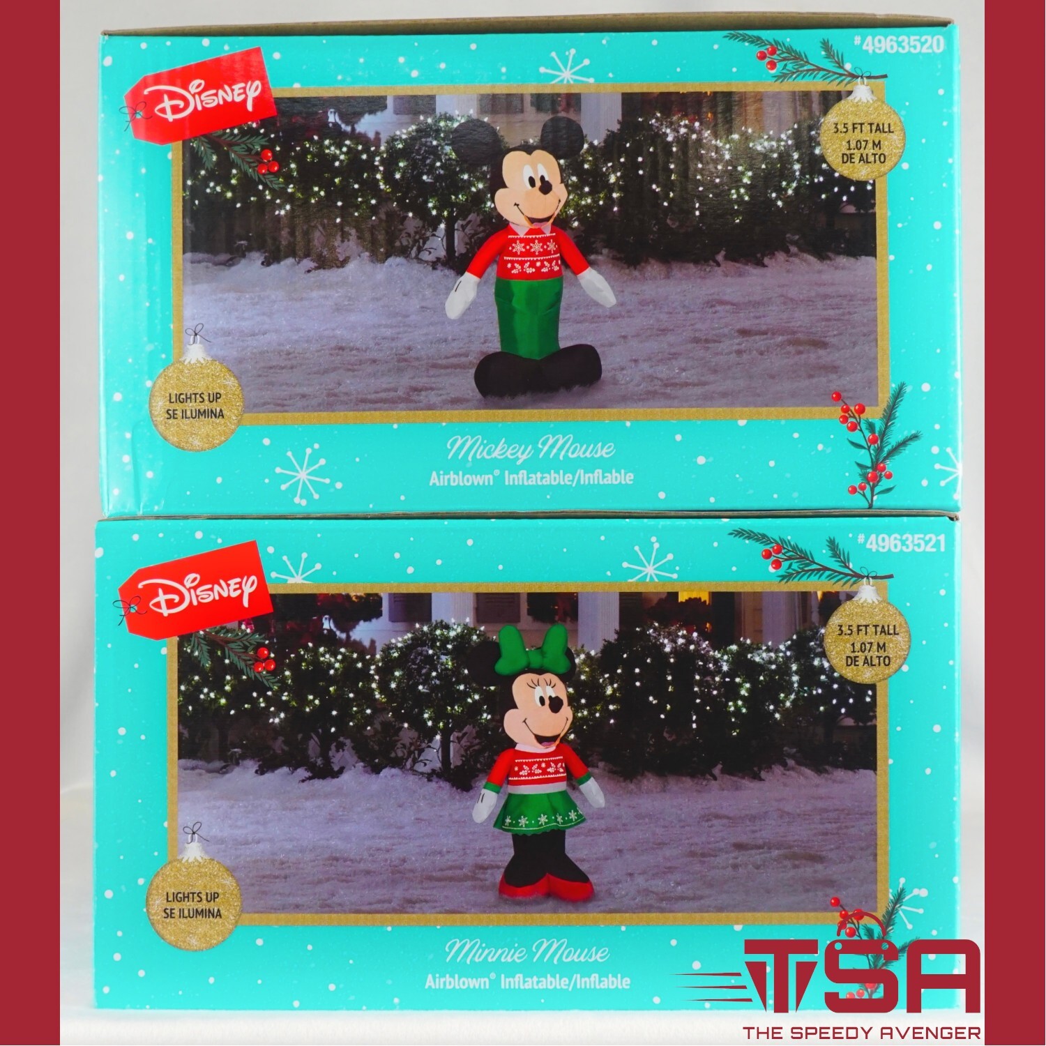 2Pk Disney Mickey Mouse + Minnie Mouse Christmas Holiday Inflatable Bundle 3.5ft