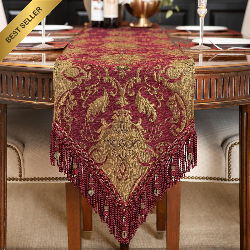Luxury Vintage Chenille Table Runner Red Damask Jacquard Multi-Tassels 13x60 Inc