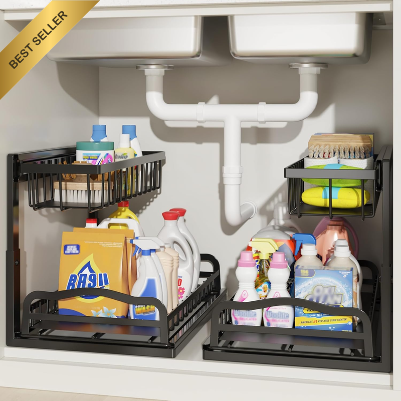 under Sink Organizer, 2 Pack Pull-Out under Cabinet Organizer, 2 Tier under Sink