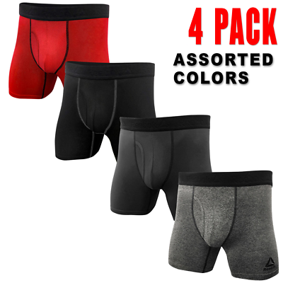 4 Pack Reebok Mens Performance Boxer Briefs Assorted Colors 6 Inseam with  Fly