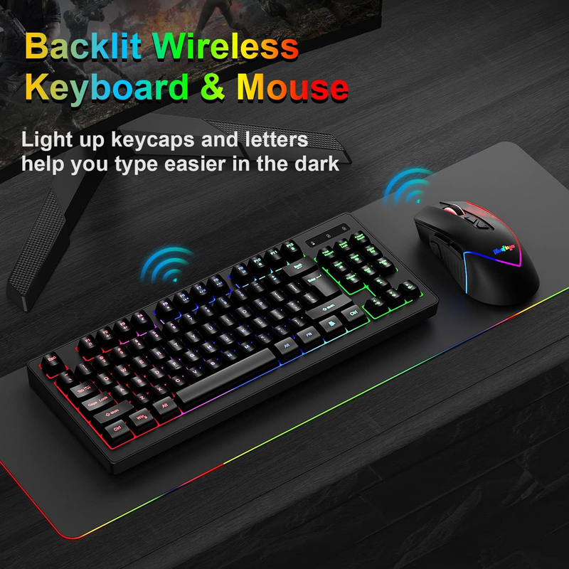 Wireless Gaming Keyboard Mouse Combo Long Lasting Rechargeable Battery 87 Keys