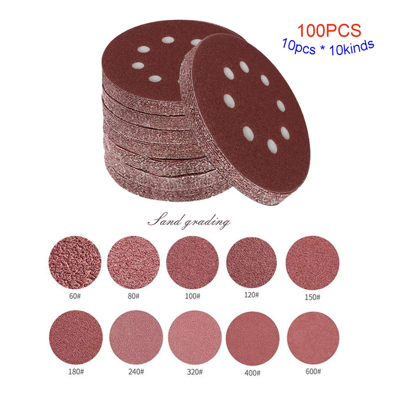 100 Pieces 5 Inch with 8 Holes Dustless Hook-and-Loop Circular Sanding Discs San