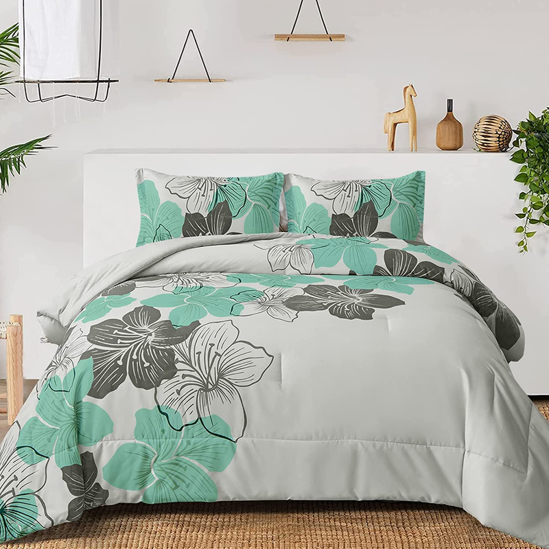 Queen - Mint Green Floral Pattern Printed On Grey, So