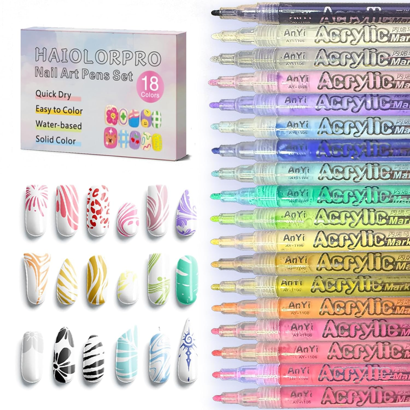 18 Color Nail Art Pens Set 3D Gel Paint Pens Quick Dry Nail Po...