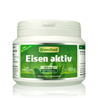 Greenfood Eisen aktiv, 50 mg, 180 Tabletten - hohe Bioverfügbarkeit, vegan