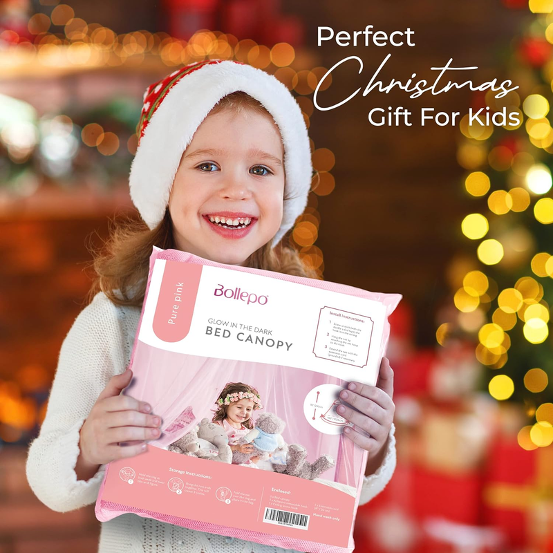 Pink Bed Canopy for Girls with Glowing Stars - Canopy Bed Curtains | Fits Single