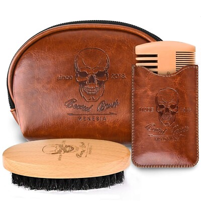 Beard Brush and Comb set Boar Bristle Hair Beard Kit with Small Leather Travel