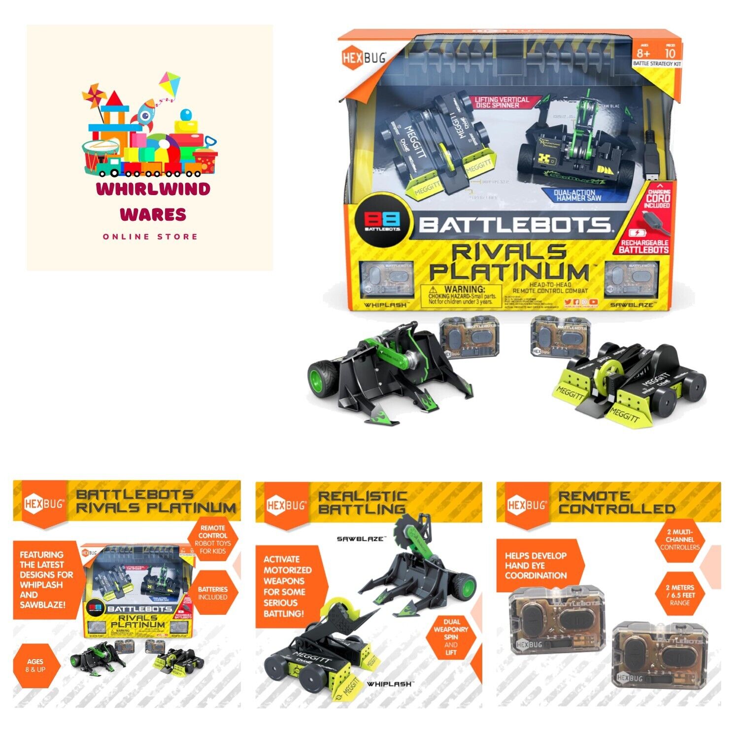 BattleBots Rivals Platinum Whiplash & Sawblaze, Remote BattleBots Rivals Platinum Whiplash & Sawblaze, Remote
