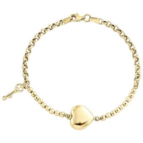 Pre-owned Jfl Diamonds & Timepieces 14k Yellow Gold Fancy Rolo Link Heart & Key Charm 3mm Textured Bead Bracelet 7"