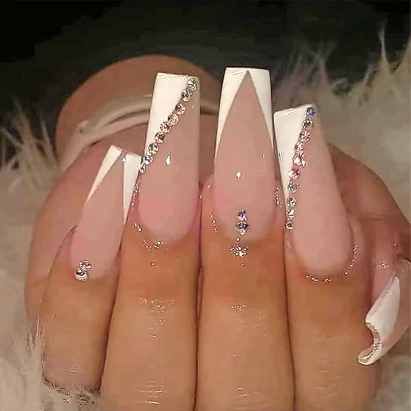 On Nails Long Designs Pink White Rhinestones False Nails Press