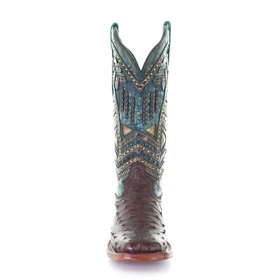 Pre-owned Corral Boots Corral Womens Vaquero Stud Cowboy Boots Ostrich Brown/turquoise
