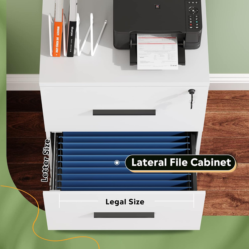 2-Drawer Wood Lateral File Cabinet with Lock for Office Home, White