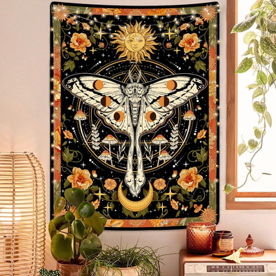 Orange Moth Tapestry Boho Retro Floral Flowers Tapestries Aesthetic Vintage Mush