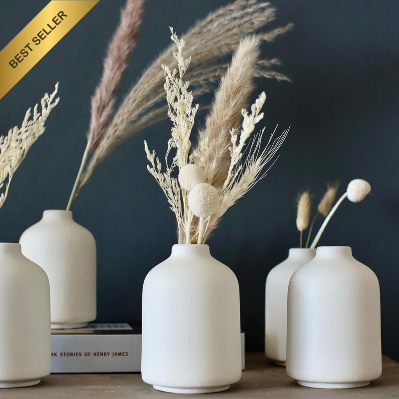 - Set of 6 Small White Ceramic Bud Vases for Home Decor | Boho Vases for Dry Flo