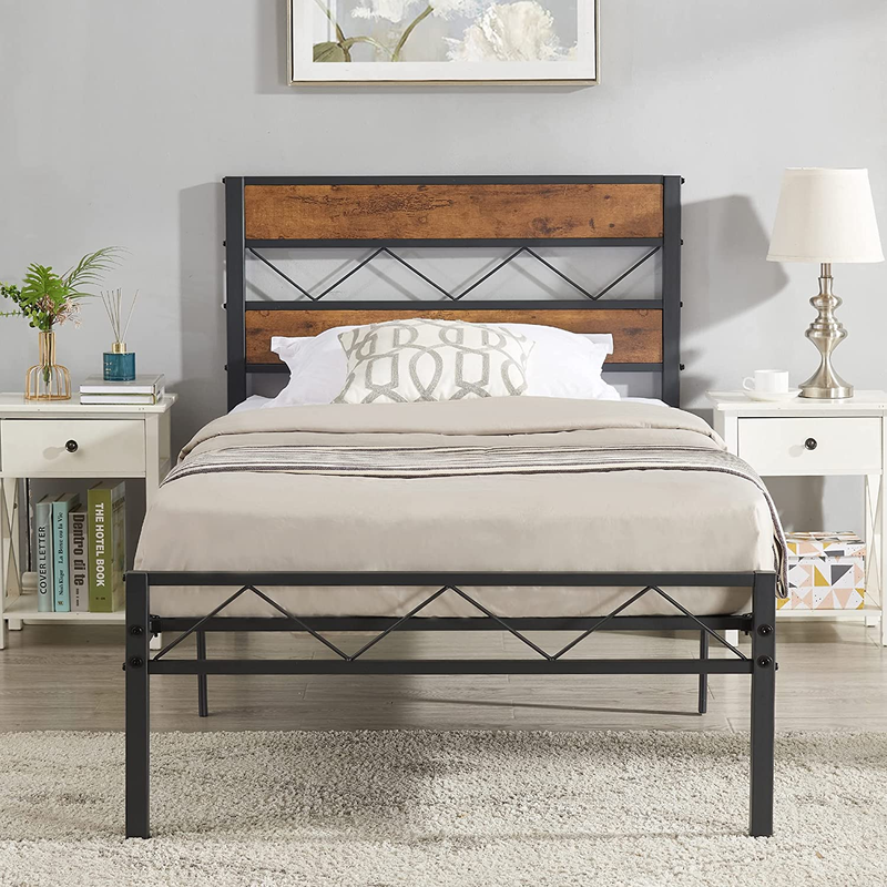 With Rustic Vintage Wood Headboard, Metal Slats Support, Ind