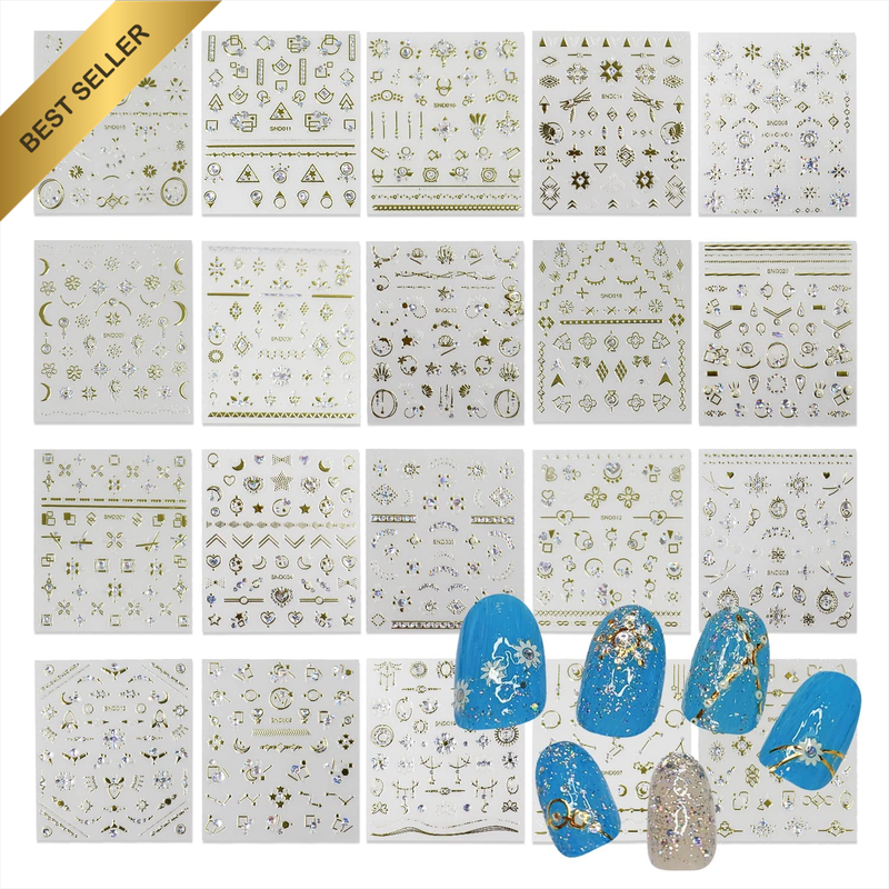 20 Different Luxury Style 3D Nail Art Stickers, Gold Silver Diamond Glitter Nail