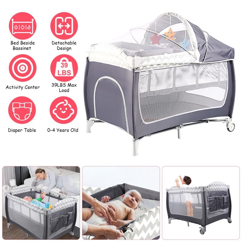 Baby Travel Crib Portable Newborn Sleeper Bassinet with Wheel Changer Table NEW