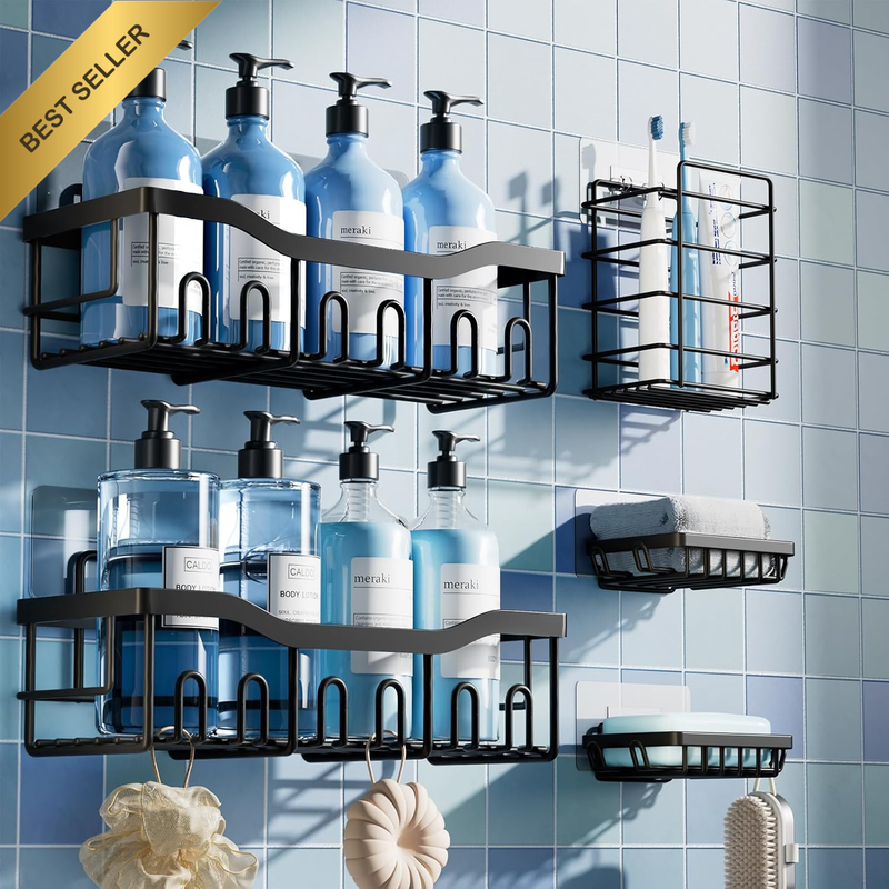 5-Pack Rustproof Stainless Steel Shower Caddy Set– No Drill Adhesive Bathroom Or