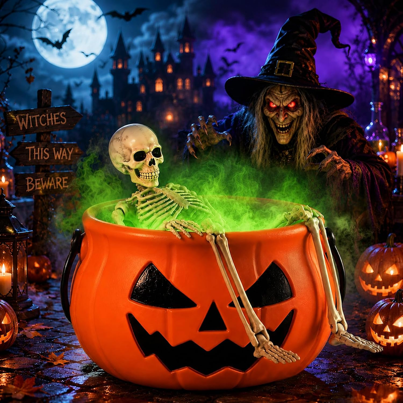 Halloween Kürbis Hexenkessel Set, Mit Mini Nebelmaschine, Skelett Figur