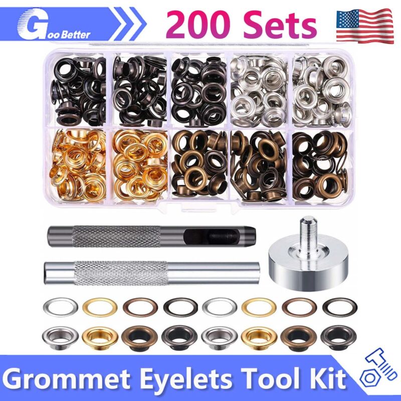 200 Sets Grommet Kit 6mm Metal Eyelet Washer for Leather Fabric Tarp Shoes
