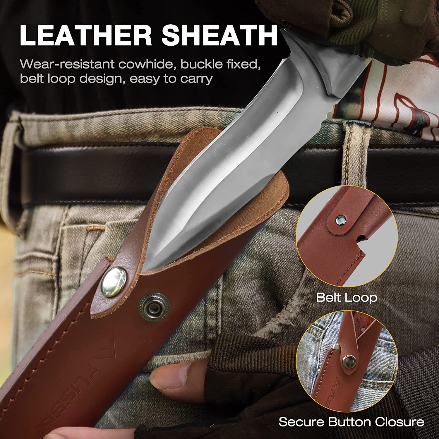 FLISSA Fixed Blade Knife w/Sheath Full Tang w/Stainless Steel Blade 4.8 inch NEW